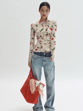 Stella McCartney for H&M Long-Sleeve Cherry Print Mesh Top in Light Pink